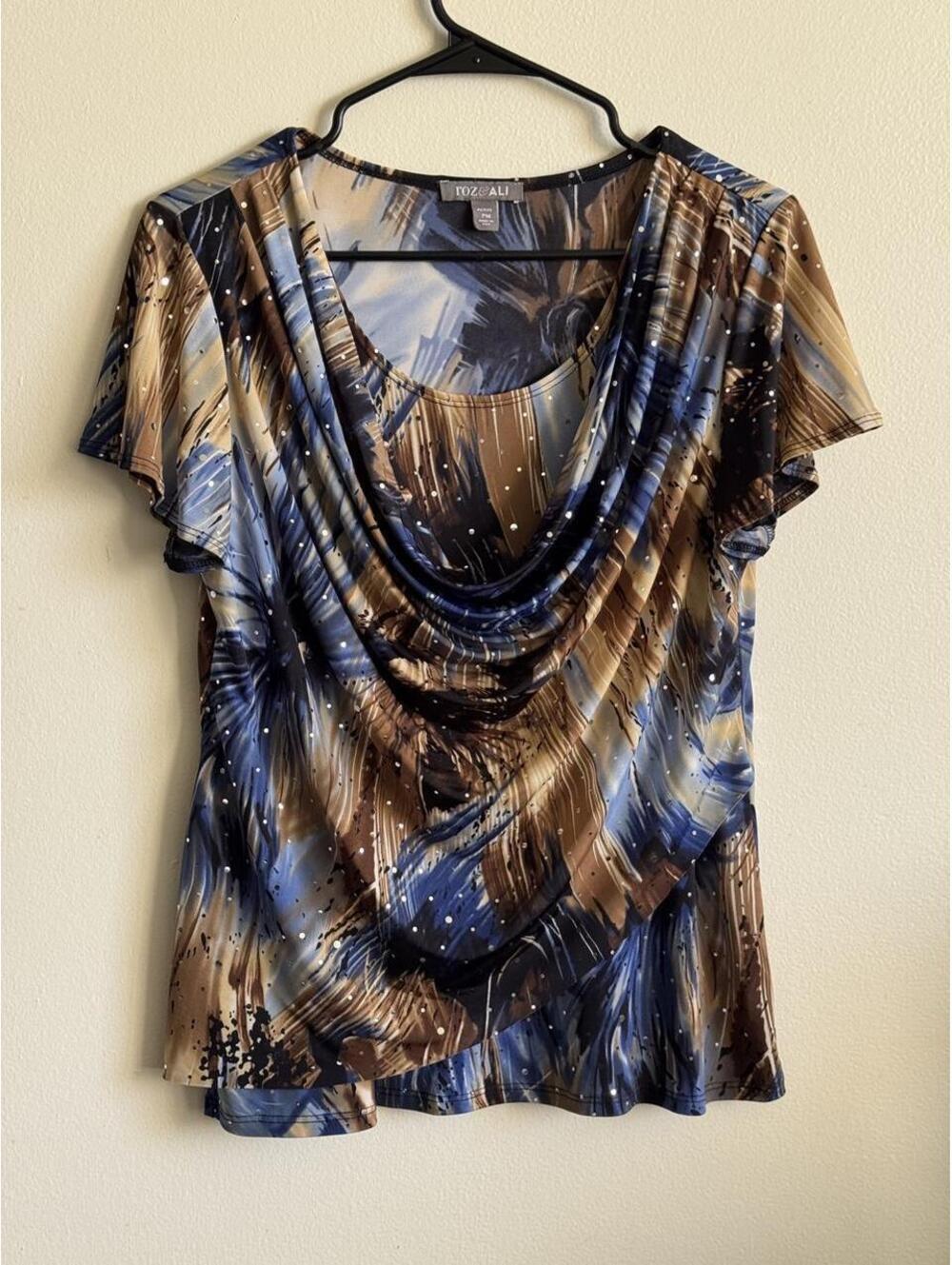 Roz & Ali blue, brown, and black abstract brushstroke print blouse with cowl